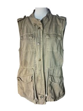 Per Se Army Khaki Utility Cargo Vest 100% Cotton Drawstring Size M